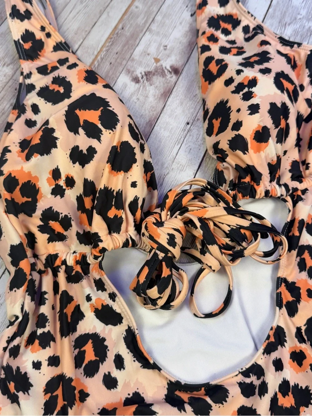 Leopard Print One-Piece Swimsuit in Peach + Black